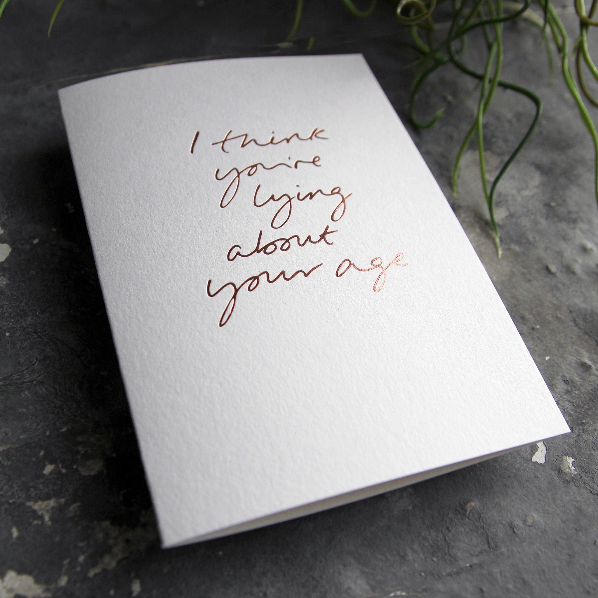 Luxury white greetings card with "I Think You're Lying About Your Age" handwritten in the front and hand printed in rose gold foil on a grey background with some green plant leaves at the side.