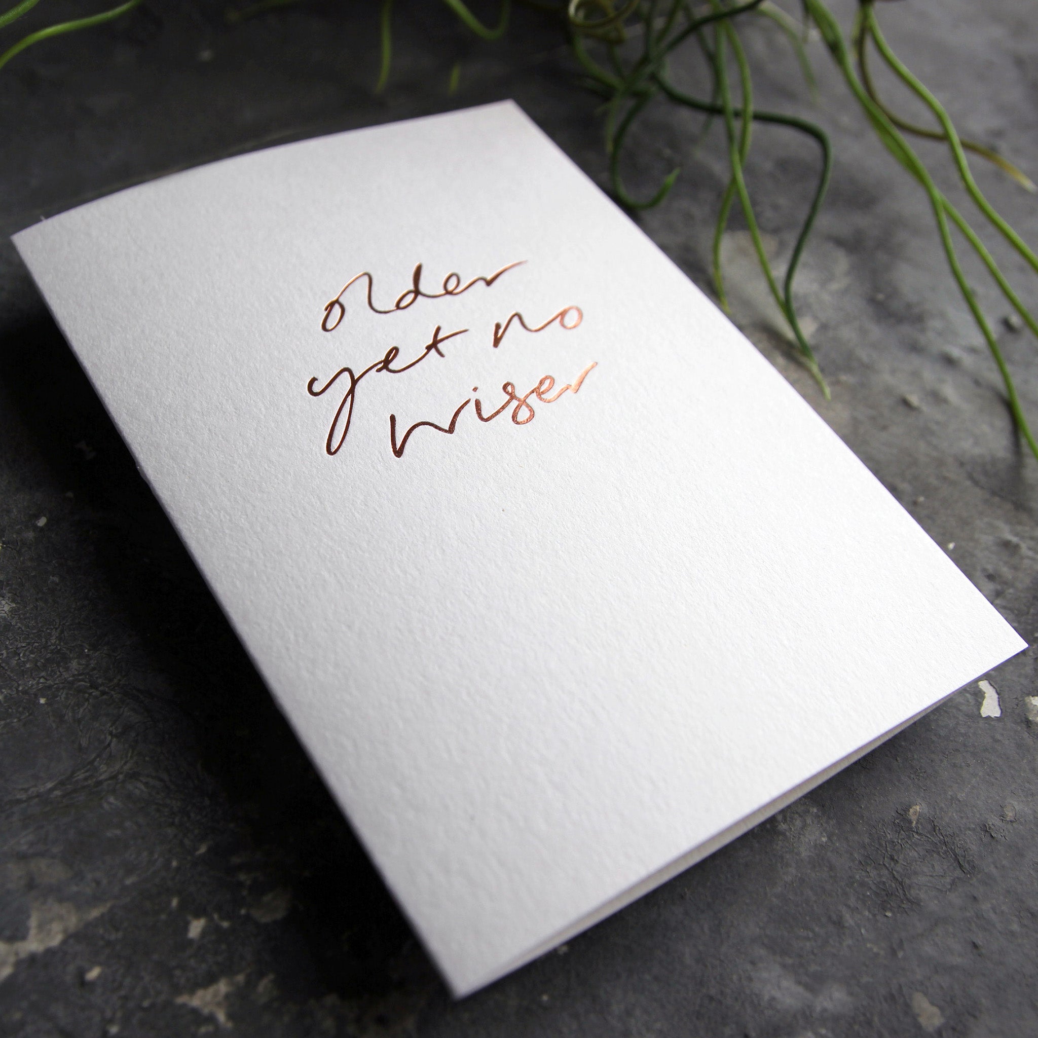 Luxury white greetings card with "Older Yet No Wiser" handwritten in the front and hand printed in rose gold foil on a grey background with some green plant leaves at the side.