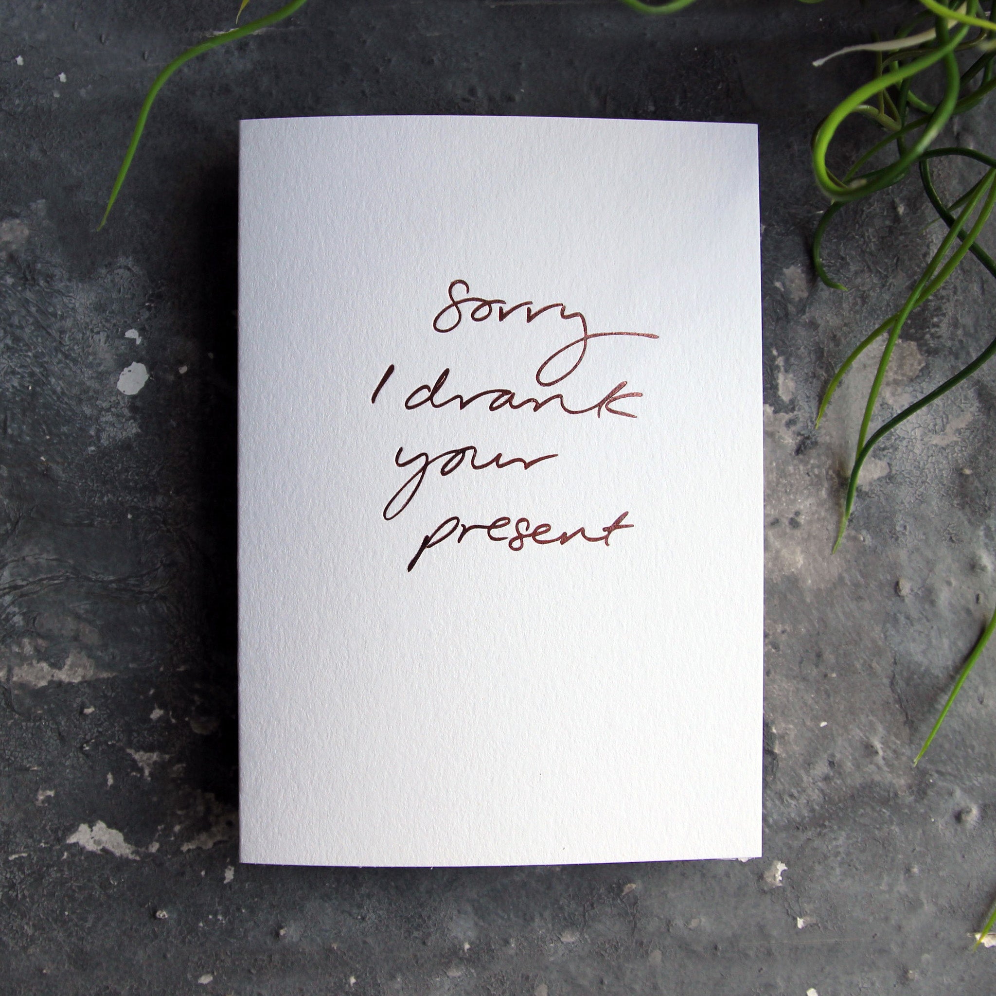 Luxury white greetings card with "Sorry I Drank Your Present" handwritten in the front and hand printed in rose gold foil on a grey background with some green plant leaves at the side.