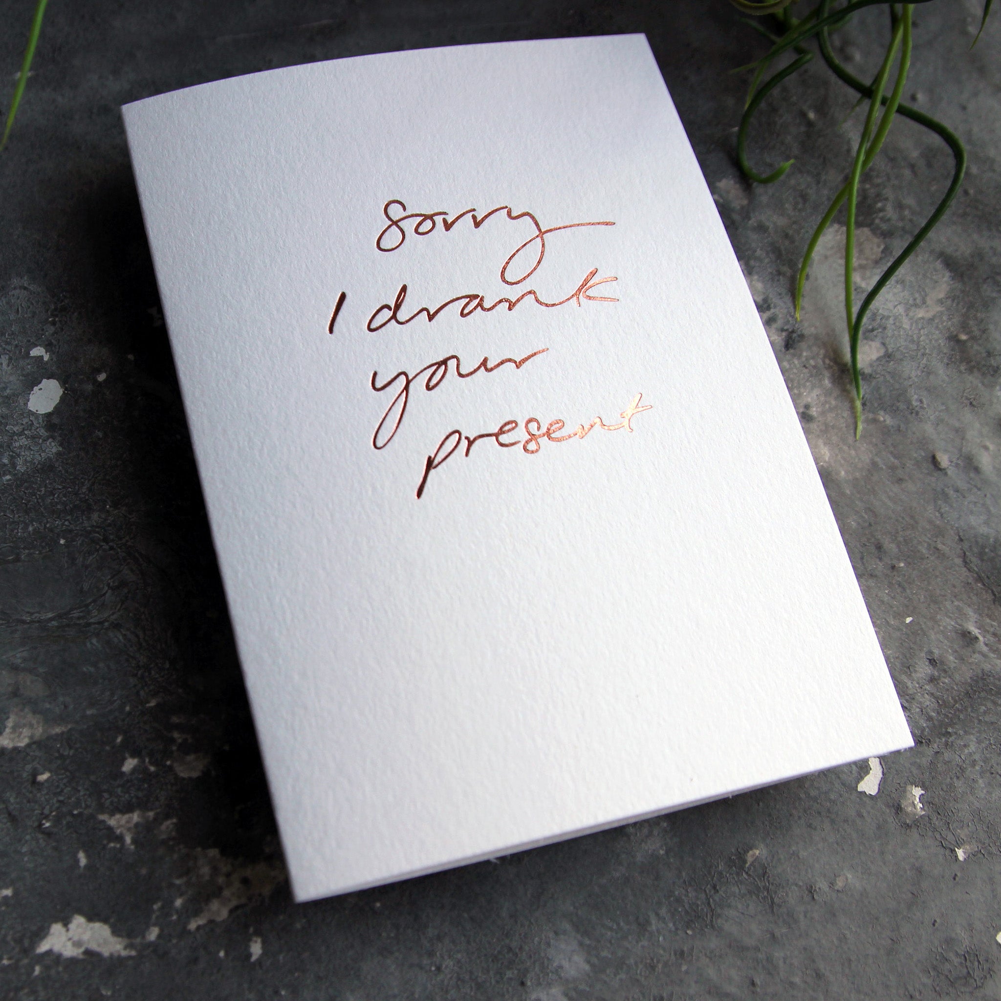 Luxury white greetings card with "Sorry I Drank Your Present" handwritten in the front and hand printed in rose gold foil on a grey background with some green plant leaves at the side.