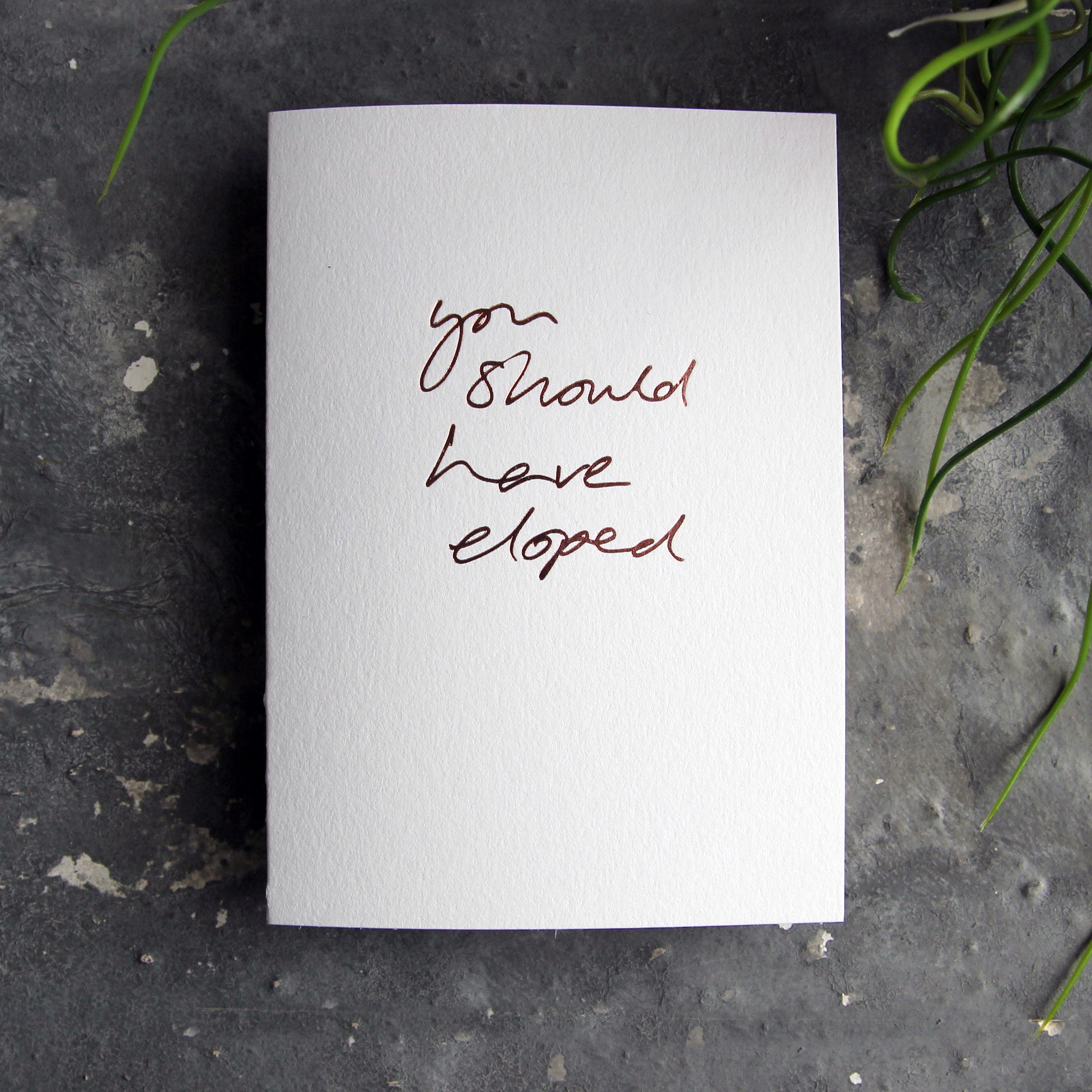 Luxury white greetings card with "You Should Have Eloped' handwritten in the front and hand printed in rose gold foil on a grey background with some green plant leaves at the side.
