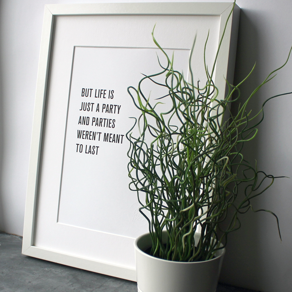 'But Life Is Just A Party And Parties Weren't Meant To Last' are framed lyrics from the 1999 song by Prince
