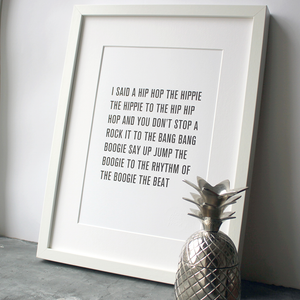 Hip Hop the hippie lyrics by the Sugarhill Gang in a typographic print