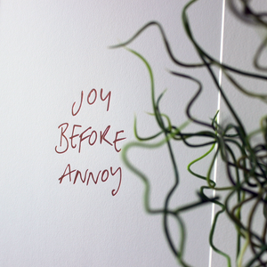 This unframed rose gold foil print has the words Joy before Annoy handwritten in a contemporary design