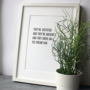 The KLF lyrics 'They're justified and they're ancient' are framed in a typographic design