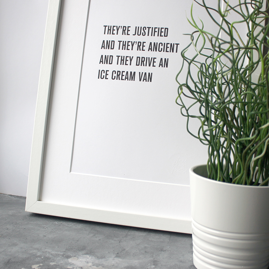 The KLF lyrics 'They're justified and they're ancient' are framed in a typographic design
