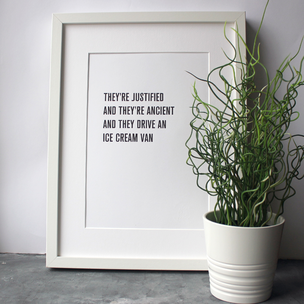 The KLF lyrics 'They're justified and they're ancient' are framed in a typographic design