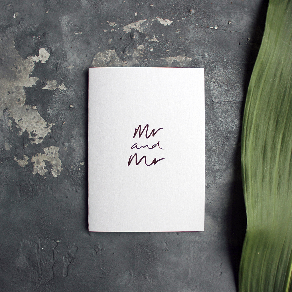 this luxury wedding card for the gay couple says Mr and Mr on the front, handwritten and hand foiled in rose gold