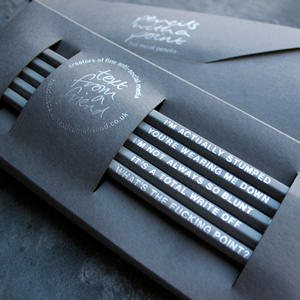Box of 5 grey HB pencils foil stamped in silver with different messages