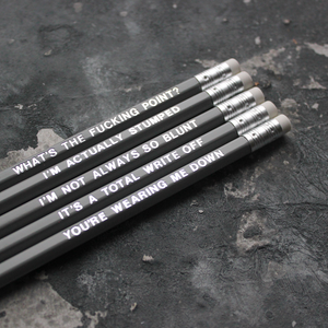 grey HB pencils foil stamped in silver with different messages