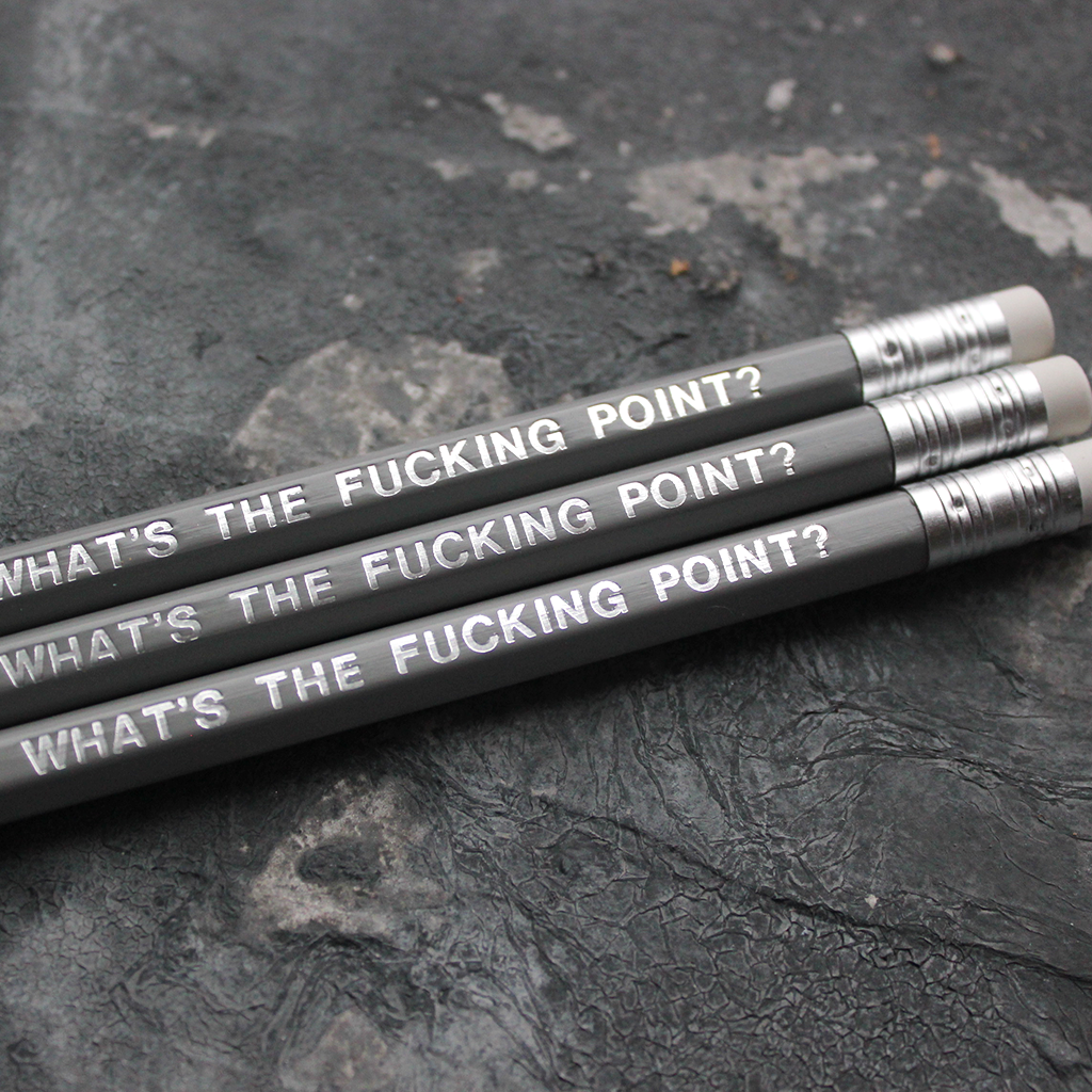 Grey pencils with a silver foil blocked message that says What's The Fucking Point?