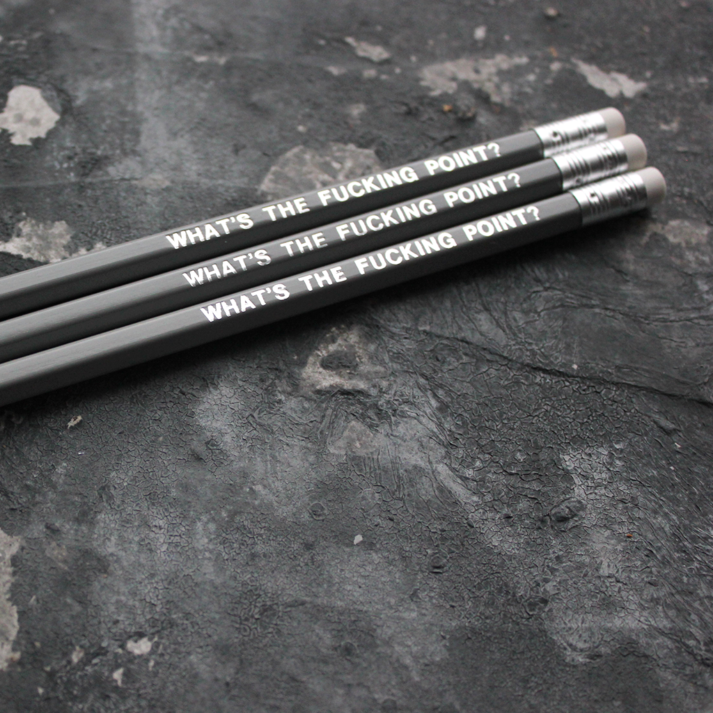 Grey pencils with a silver foil blocked message that says What's The Fucking Point?