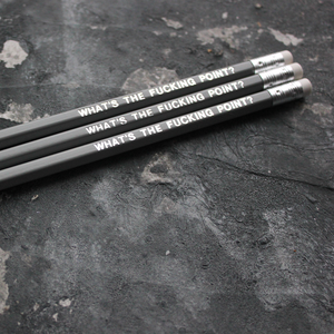 Grey pencils with a silver foil blocked message that says What's The Fucking Point?