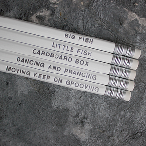 White HB pencils printed with silver foil phrases and packaged in a grey paper box. 